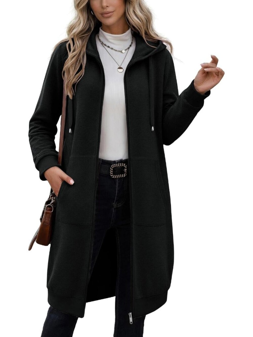 Women's Black Oversized Longline Fleece Hoodie Full Zip Duster Coat Jacket